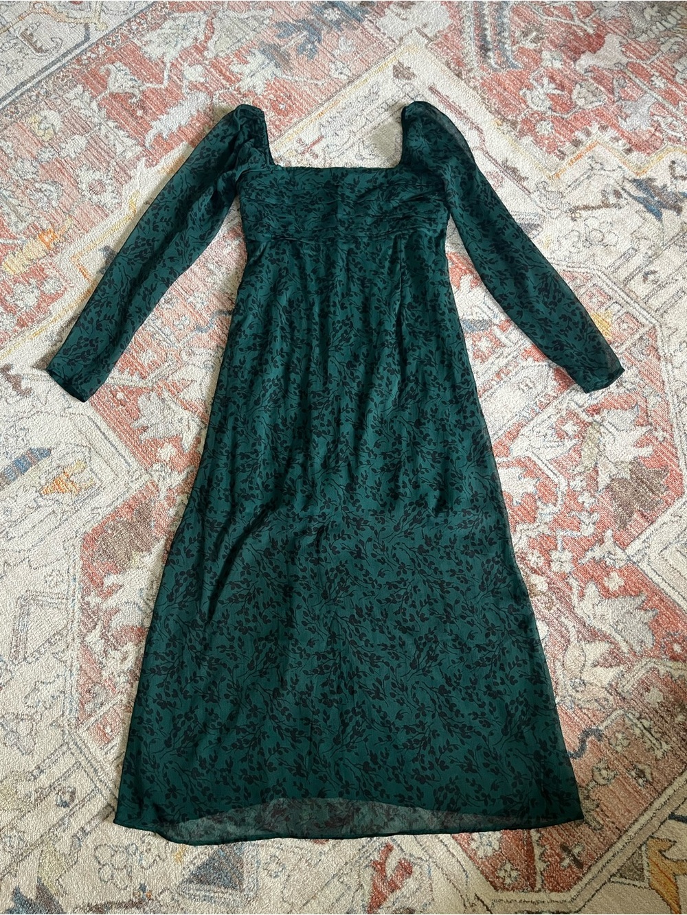Long Sleeve Square Neck Green Floral Midi Dress